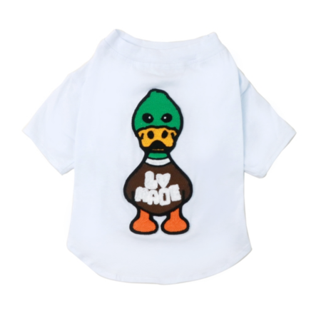 White cotton dog tee with embroidered duck character BAPE style on chest