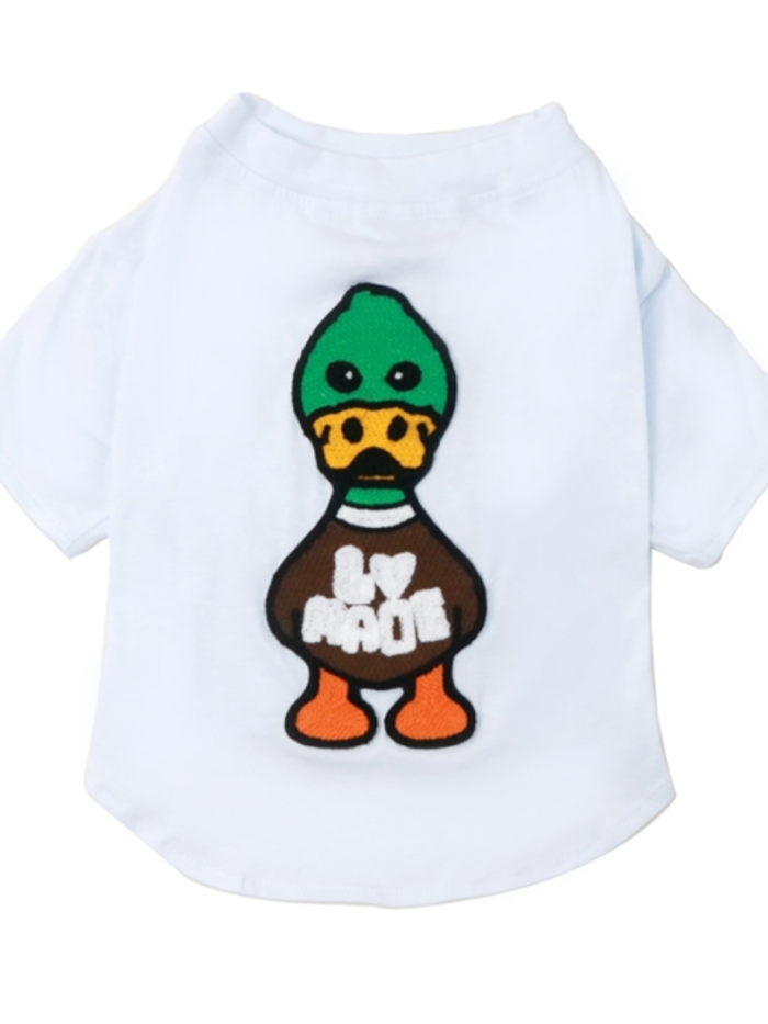 White cotton dog tee with embroidered duck character BAPE style on chest