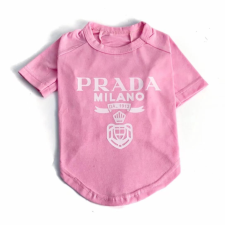 Pink Pawda Milano dog tee with white logo print and shield crest design