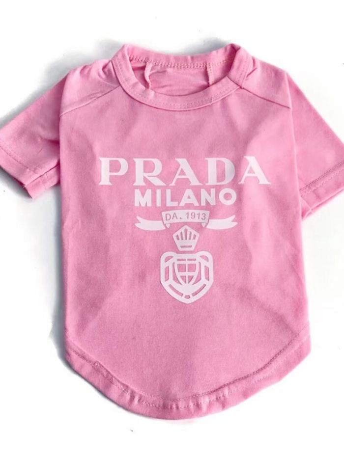 Pink Pawda Milano dog tee with white logo print and shield crest design