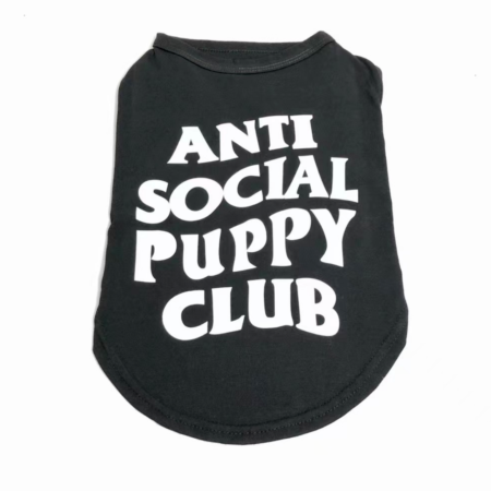 Black sleeveless dog tee with white Anti Social Puppy Club text inspired by Anti Social Social Club