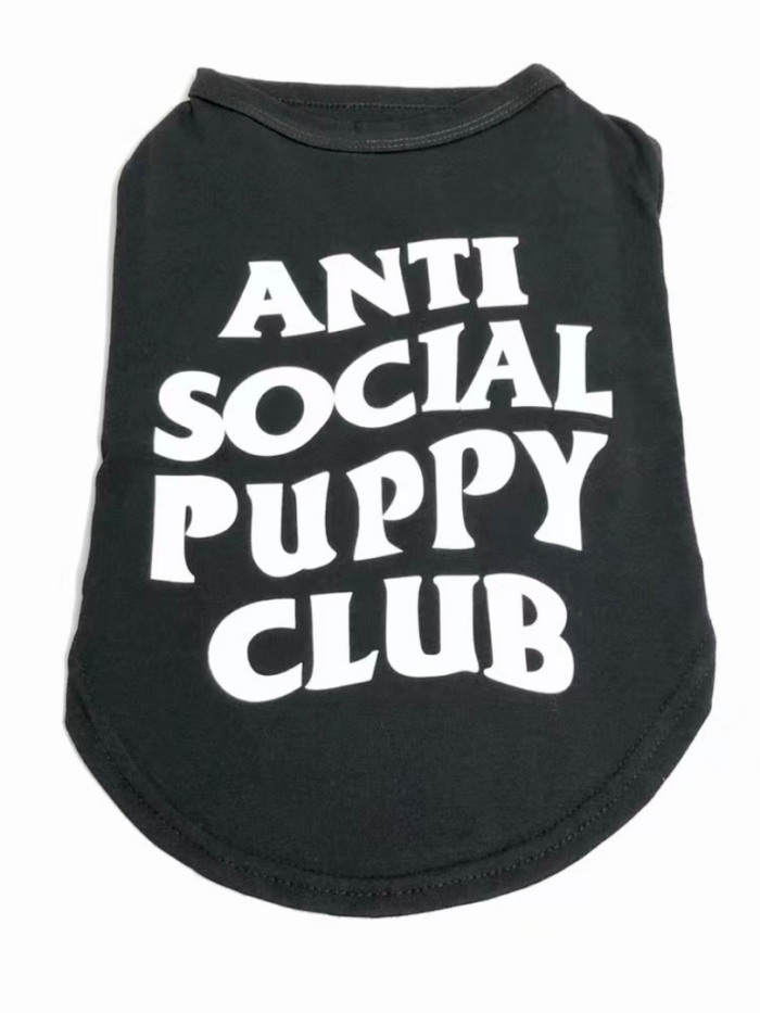 Black sleeveless dog tee with white Anti Social Puppy Club text inspired by Anti Social Social Club