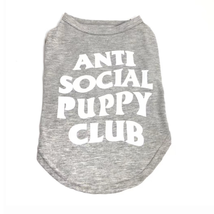 Gray sleeveless dog tee with white Anti Social Puppy Club bold text print