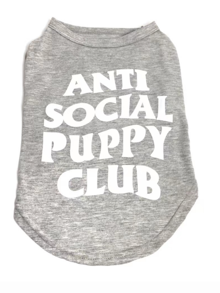 Gray sleeveless dog tee with white Anti Social Puppy Club bold text print