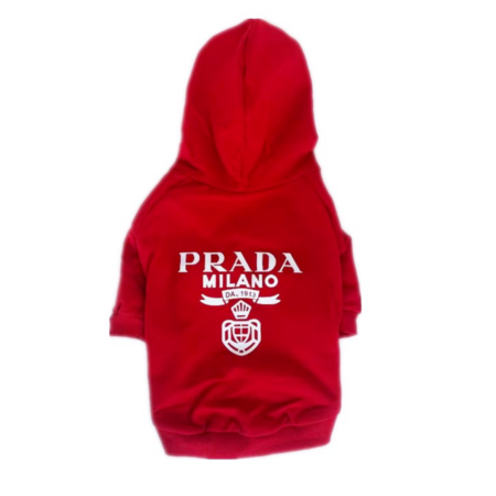 Red dog hoodie with white Prada Milano logo print, luxury dog apparel