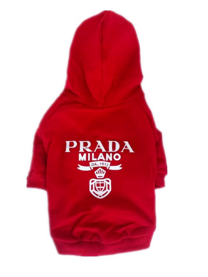 Red dog hoodie with white Prada Milano logo print, luxury dog apparel