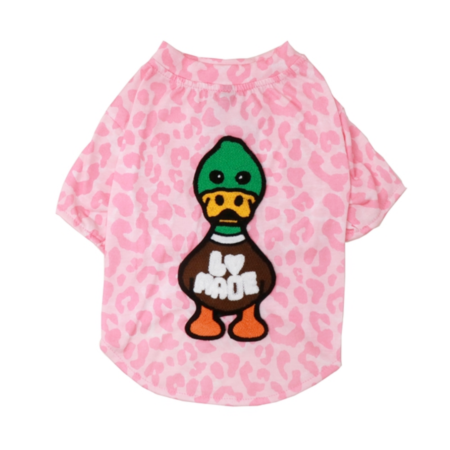 Pink camo dog tee with embroidered duck character A Barking Pup style