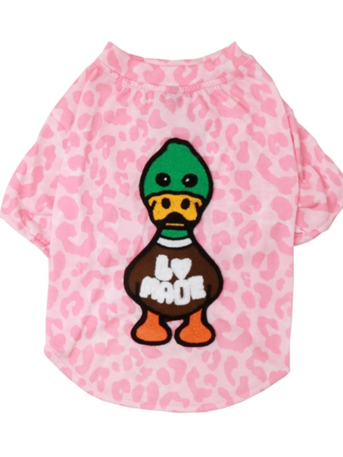 Pink camo dog tee with embroidered duck character A Barking Pup style