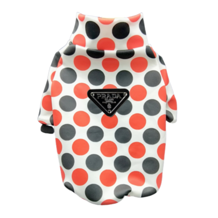White polka dot dog jacket with red and black dots Prada inspired triangle logo