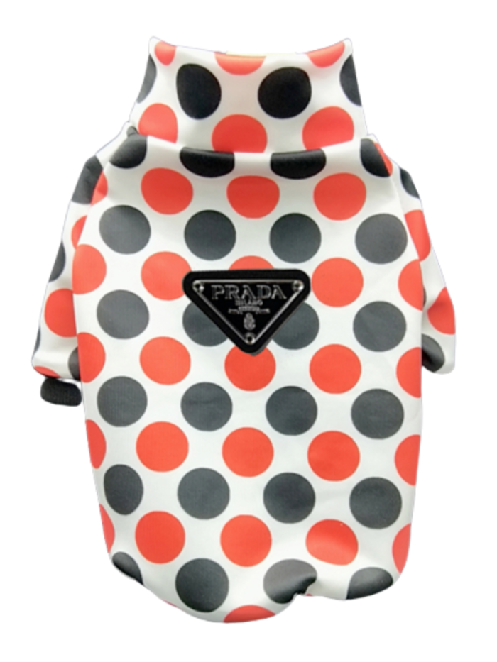 White polka dot dog jacket with red and black dots Prada inspired triangle logo