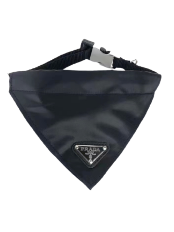 Black triangle dog bandana with Prada logo and adjustable collar strap
