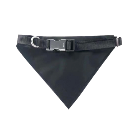 Black nylon dog bandana flat lay showing aluminum buckle and triangle Prada logo