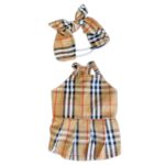 Brown plaid dog romper with pleated shorts and fitted bodice Burberry style