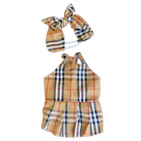 Brown plaid dog romper with pleated shorts and fitted bodice Burberry style