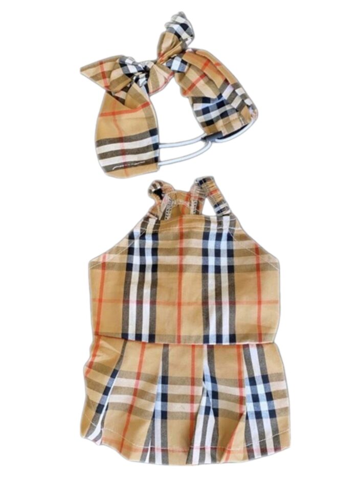 Brown plaid dog romper with pleated shorts and fitted bodice Burberry style