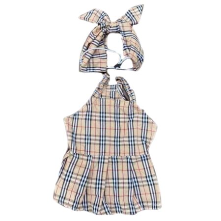 Khaki plaid halter romper with heritage check pattern and bow shoulder ties inspired by Burberry
