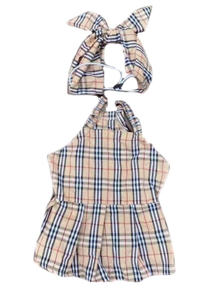 Khaki plaid halter romper with heritage check pattern and bow shoulder ties inspired by Burberry