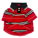 Red striped dog polo shirt Burberry style with black collar and button placket