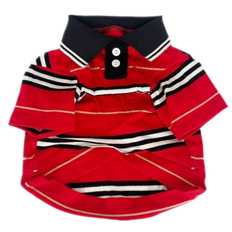 Red striped dog polo shirt Burberry style with black collar and button placket