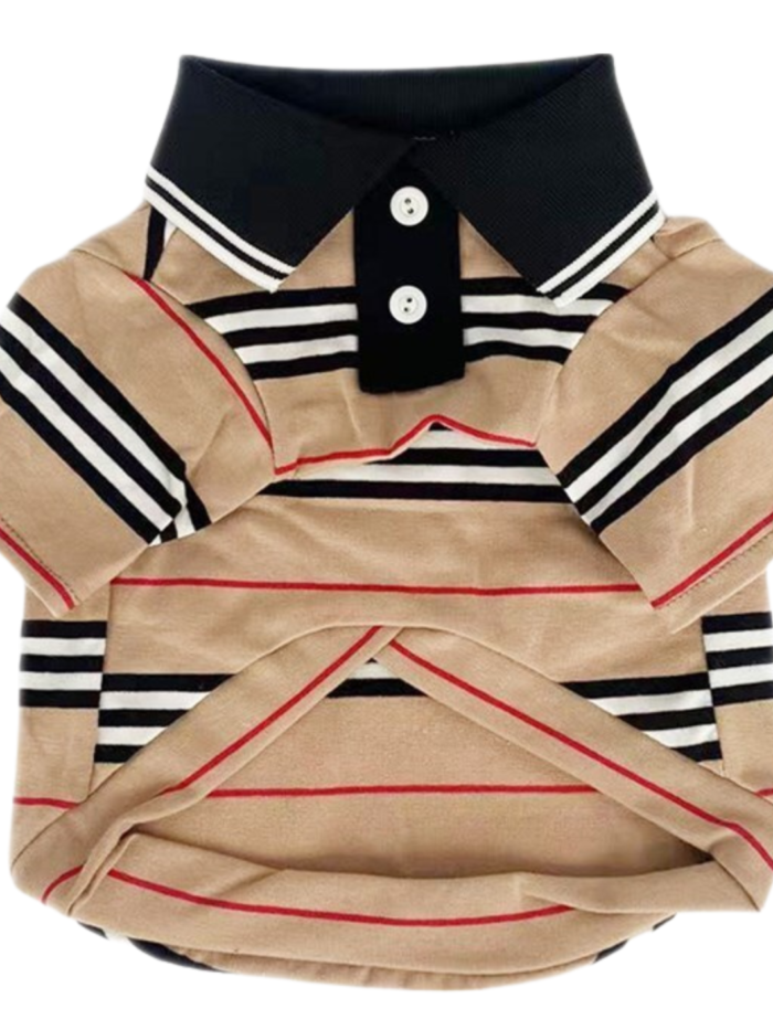 Brown striped dog polo shirt Burberry inspired with structured collar and heritage stripes