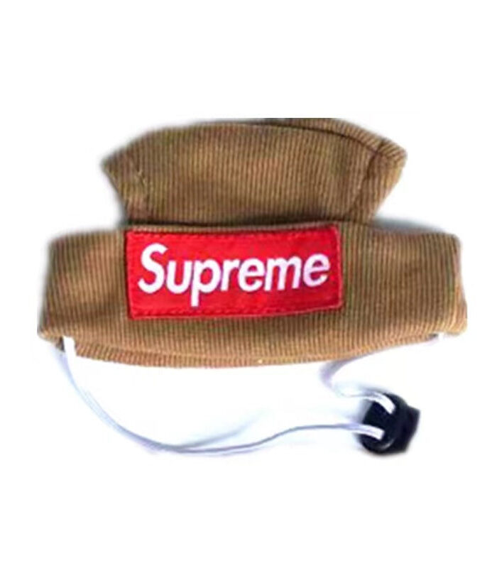 Khaki brown knit dog beanie with red Supreme box logo and white cord
