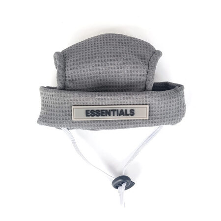 Grey waffle textured dog bucket hat with ESSENTIALS logo band and chin strap Fear of God inspired