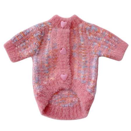 Pink fluffy knit dog cardigan with heart buttons and colorful embroidered panels Chanel inspired