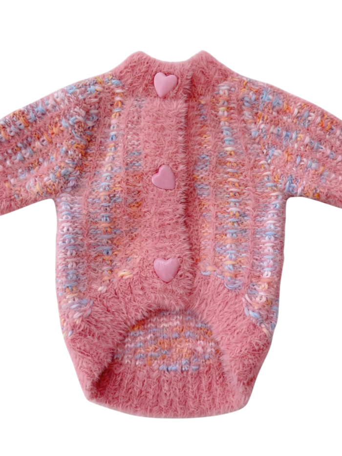 Pink fluffy knit dog cardigan with heart buttons and colorful embroidered panels Chanel inspired
