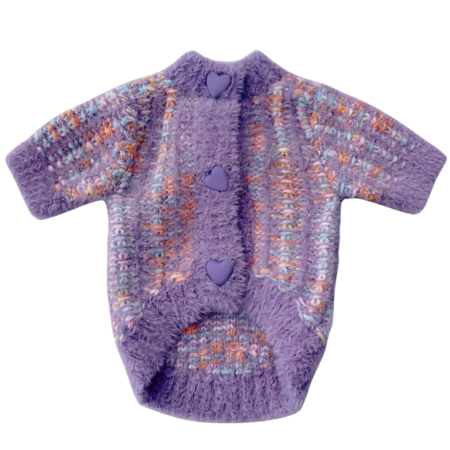 Purple fluffy knit dog cardigan with heart buttons and embroidered detail Chanel style