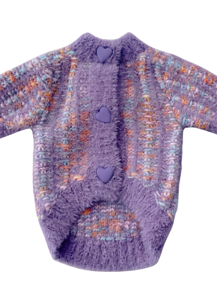 Purple fluffy knit dog cardigan with heart buttons and embroidered detail Chanel style