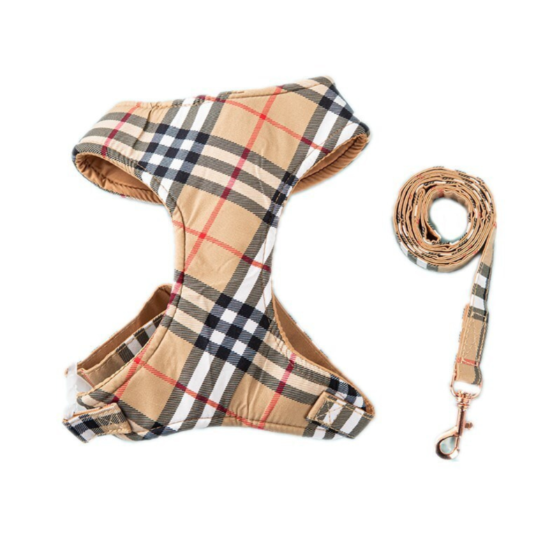 Tan heritage check pattern dog harness with adjustable straps and matching leash
