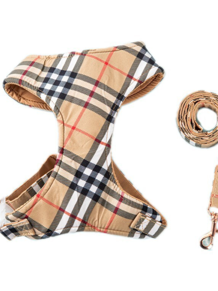 Tan heritage check pattern dog harness with adjustable straps and matching leash