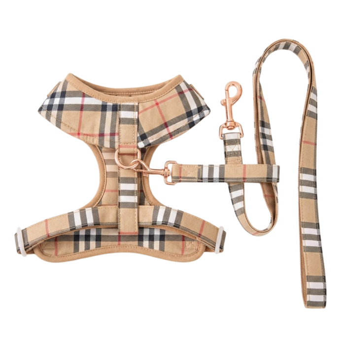 Tan plaid dog harness and leash set with Burberry inspired check pattern and gold hardware