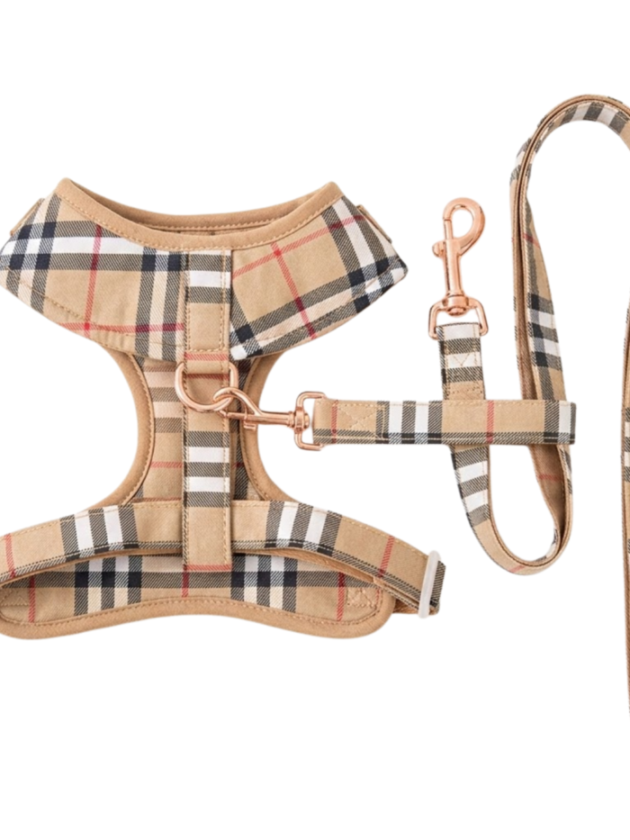 Tan plaid dog harness and leash set with Burberry inspired check pattern and gold hardware