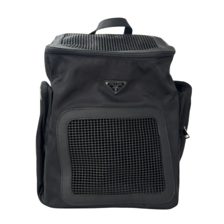 Black nylon dog backpack carrier with Prada triangle logo and mesh ventilation panels