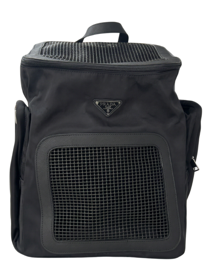 Black nylon dog backpack carrier with Prada triangle logo and mesh ventilation panels