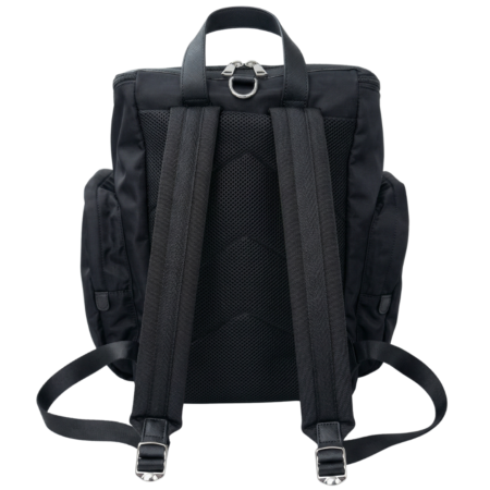 Back view of black dog carrier backpack showing padded straps and mesh panels