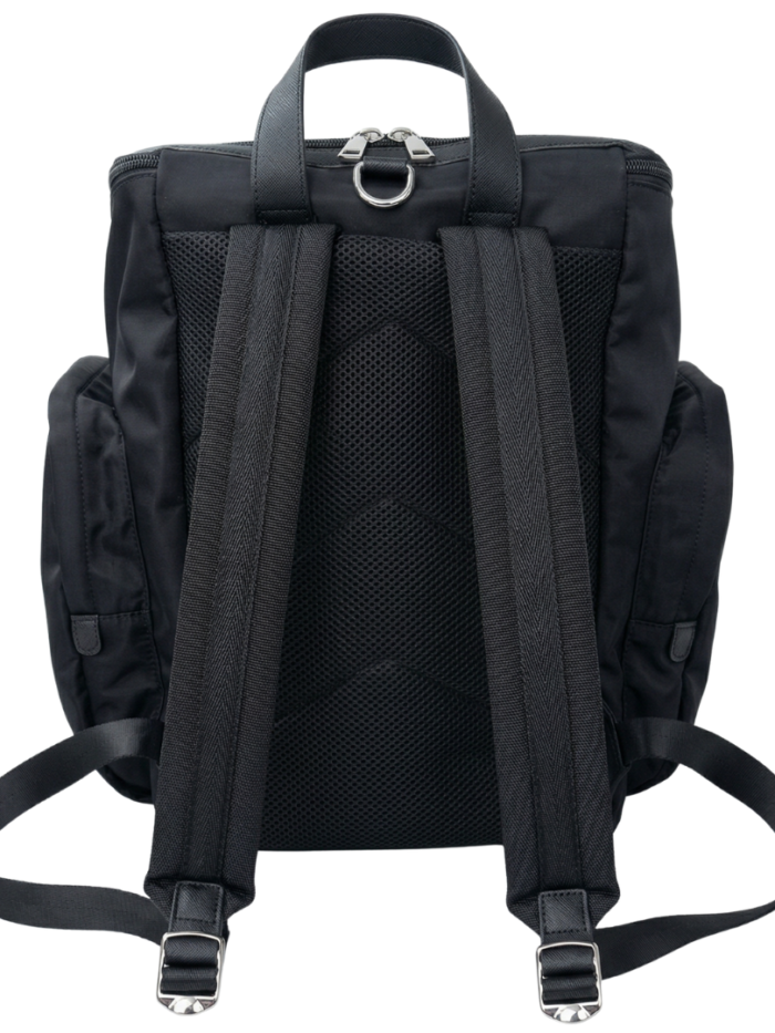 Back view of black dog carrier backpack showing padded straps and mesh panels
