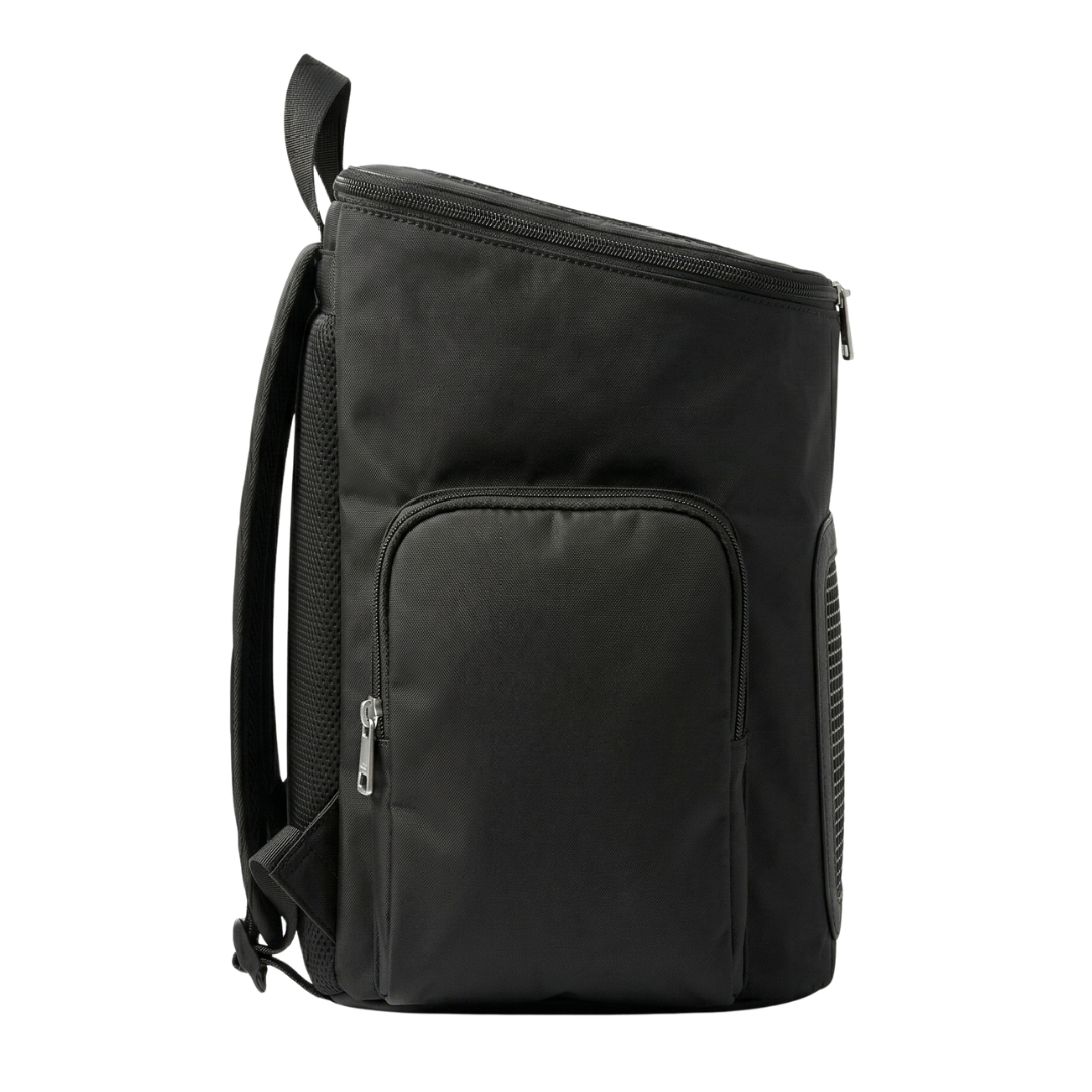 Side view of Prada-inspired dog carrier with ventilation windows and triangle branding