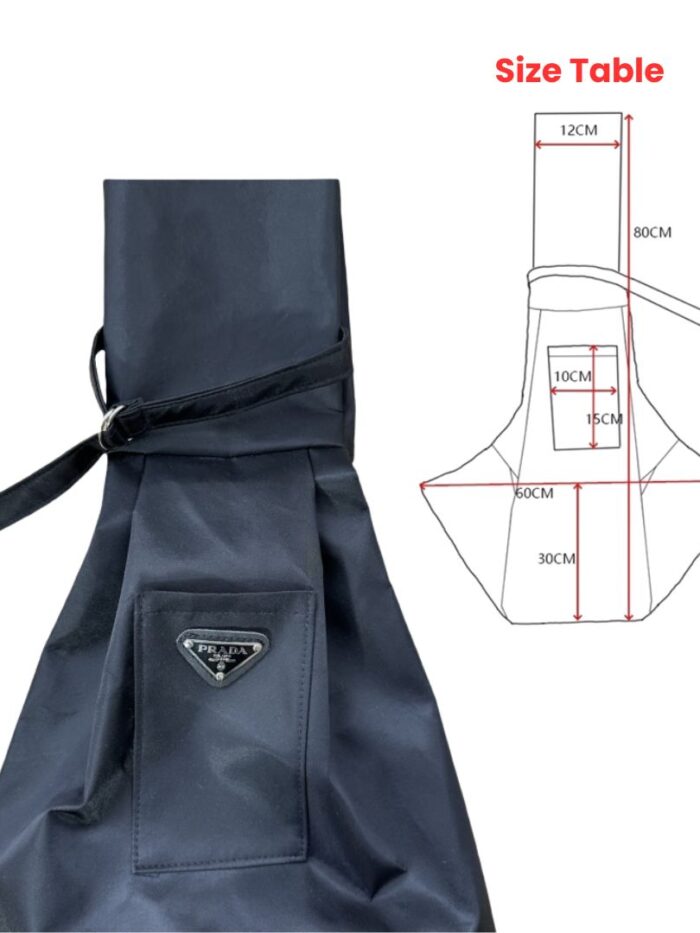 Black Pawda triangle logo sling carrier with size chart showing 60cm width 30cm depth dimensions