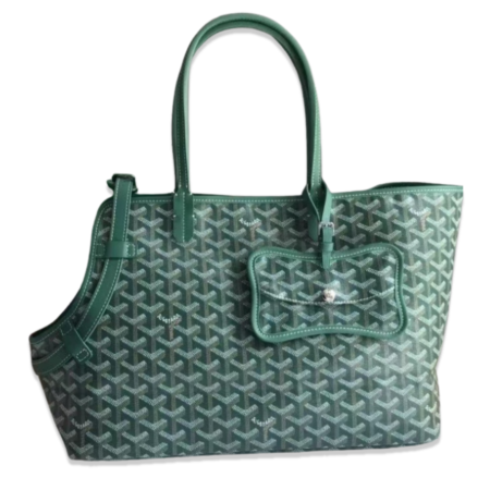 Green monogram dog carrier tote Goyard style with Y pattern and leather handles