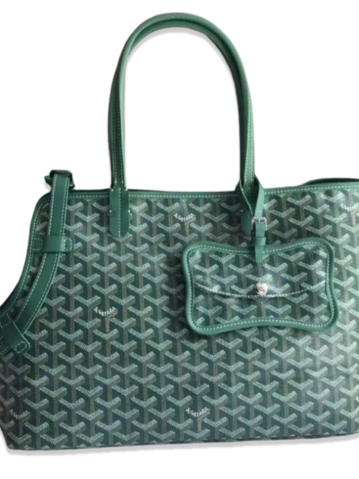 Green monogram dog carrier tote Goyard style with Y pattern and leather handles