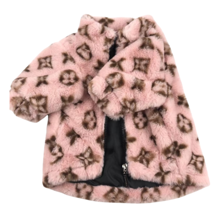 Pink faux fur dog bomber jacket with LV monogram pattern and zip front