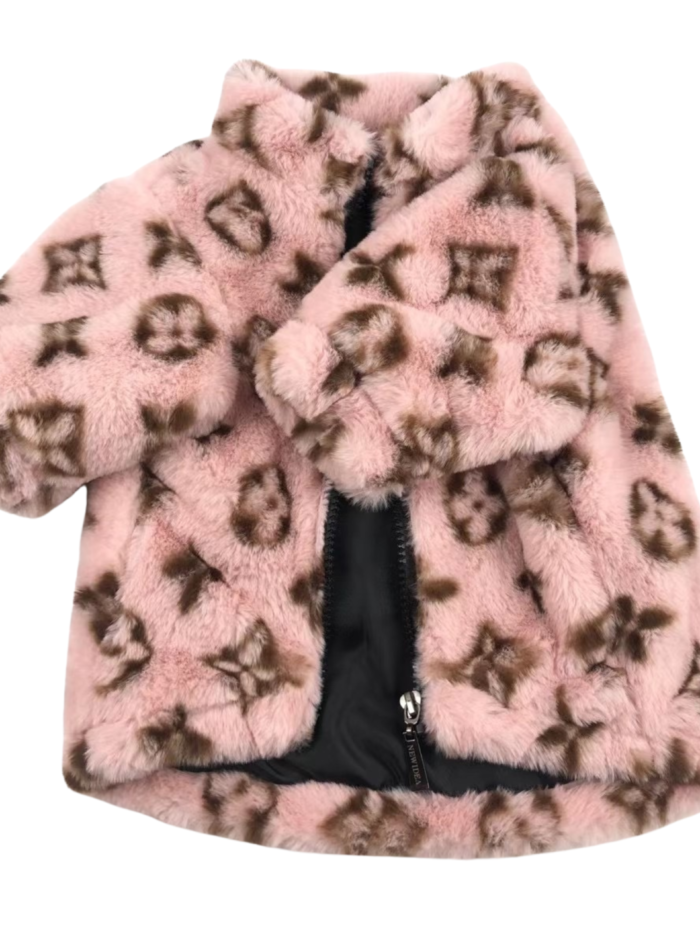 Pink faux fur dog bomber jacket with LV monogram pattern and zip front