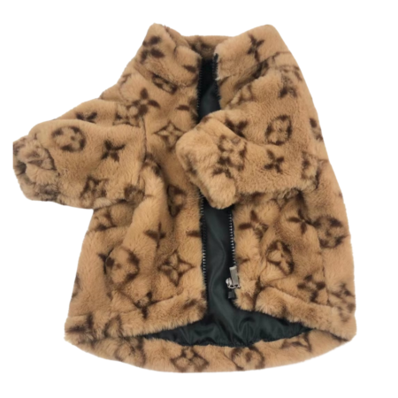 Brown monogram faux fur dog jacket Louis Vuitton inspired with zip closure