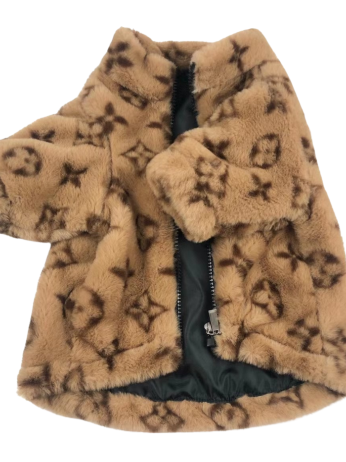 Brown monogram faux fur dog jacket Louis Vuitton inspired with zip closure