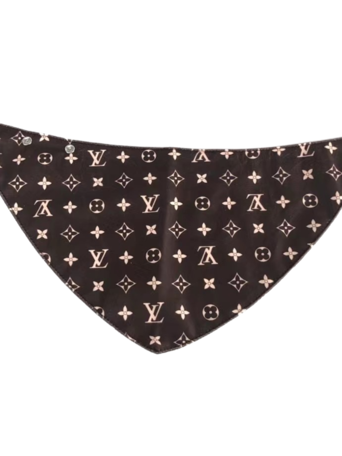 Brown monogram dog bandana with Louis Vuitton inspired V pattern and star motifs triangle cut