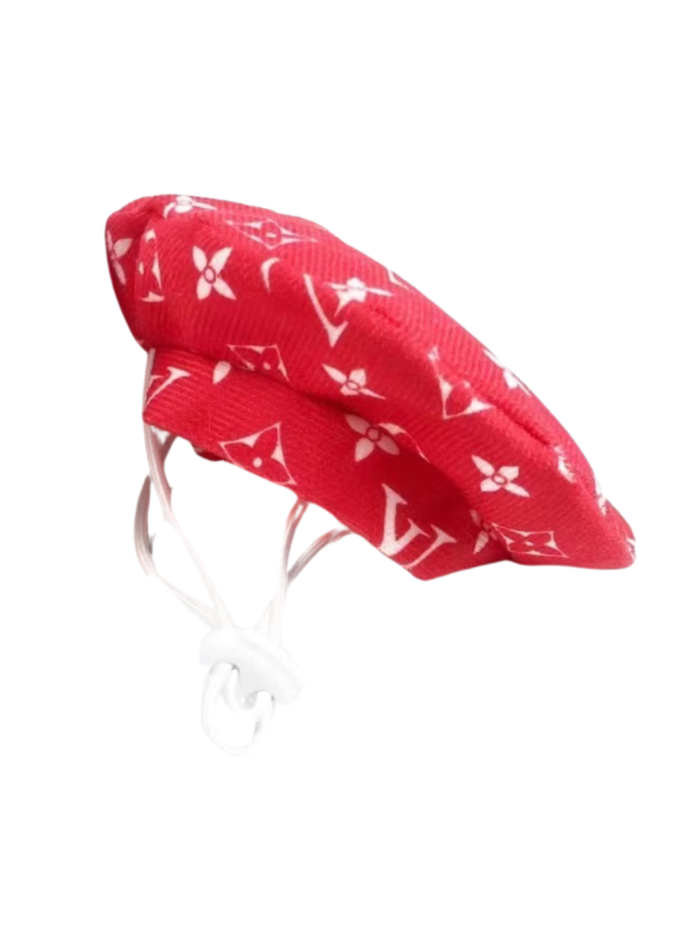 Red monogram dog beret Louis Vuitton inspired with adjustable chin strap