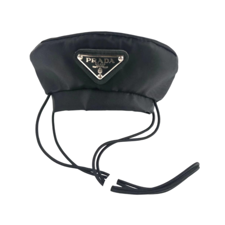 Black nylon dog beret with Prada triangle logo badge and elastic drawstring