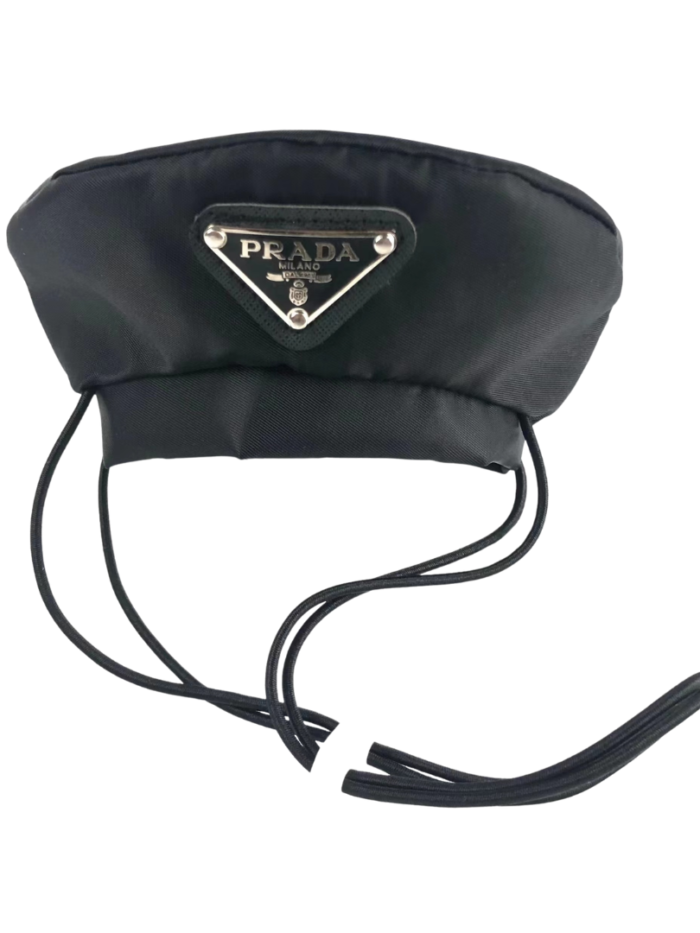 Black nylon dog beret with Prada triangle logo badge and elastic drawstring